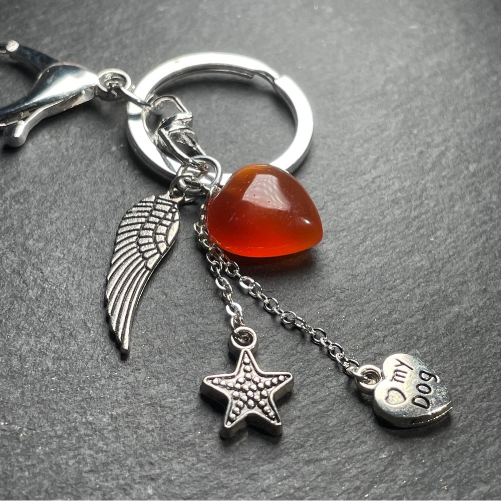 Carnelian Heart Keychain With Angel’s Wing Charm - Picture 4 of 12